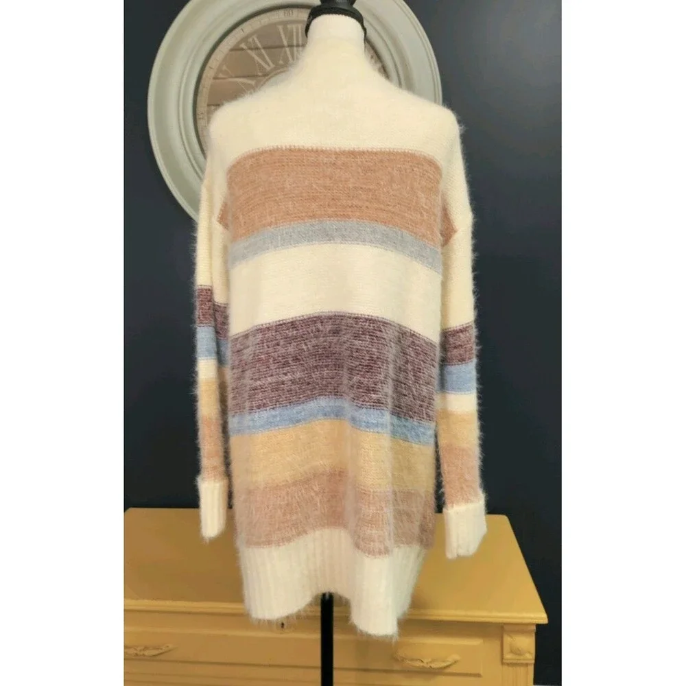 Becool Knit Cardigan Womens M/L Striped Long Sleeve Open Front Pockets Soft NWT